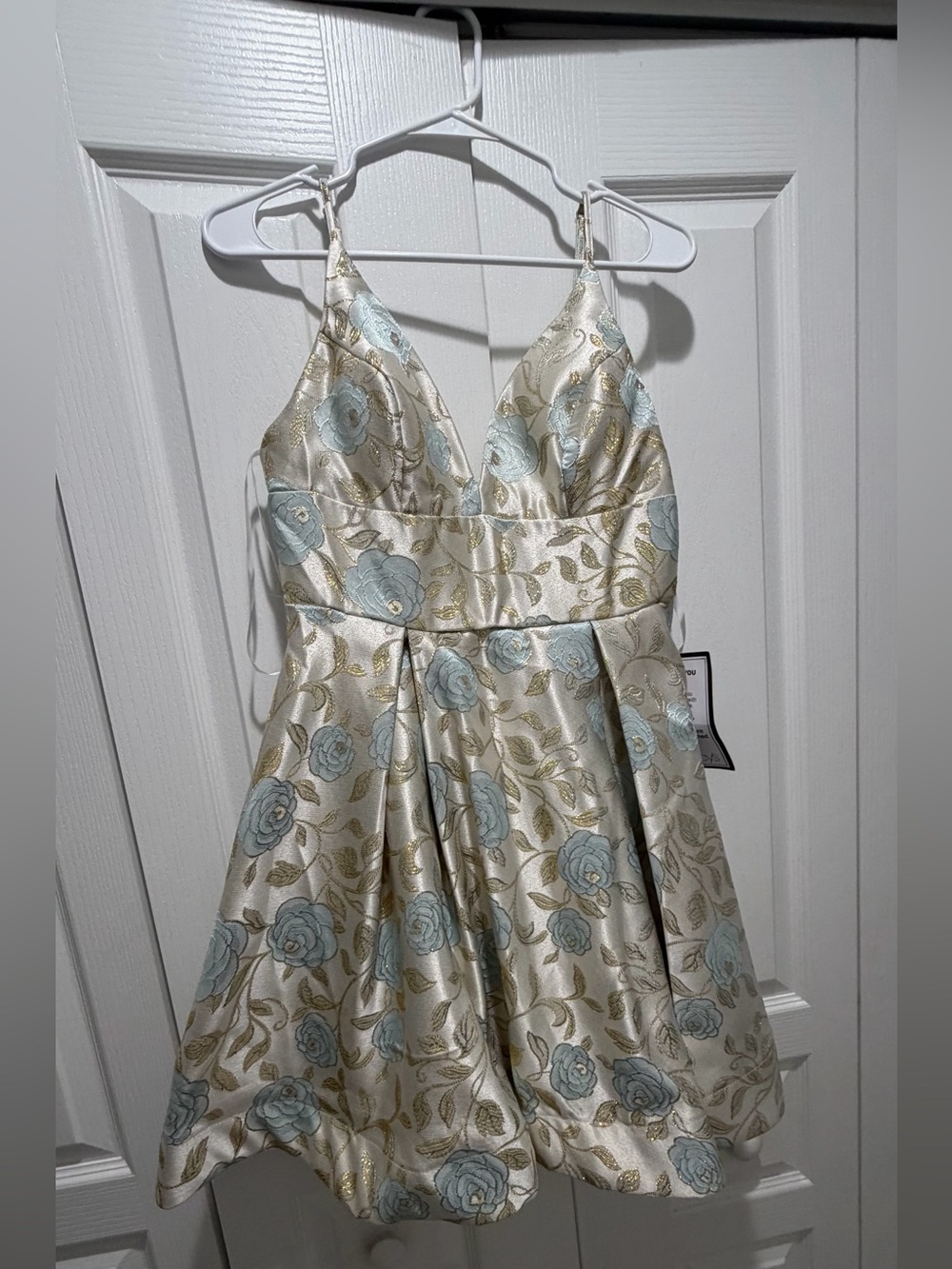 Macy's Ivory Floral Party Dress with Light Blue Roses and Gold Leaves